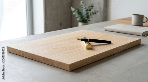 Minimalist wooden cutting board with knife resting on kitchen countertop