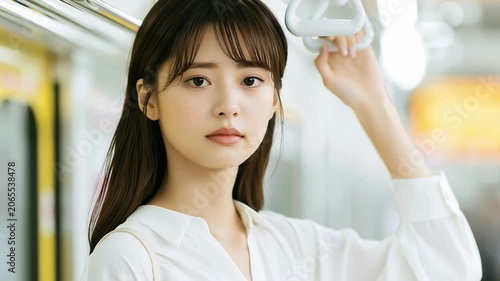 疲れた表情をして電車に乗る日本人女性
