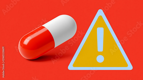 dangerous pharmaceutical pill capsule beside exclamation warning triangle sign on red background health and medicine alert concept