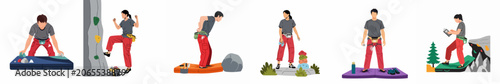 Flat vector illustration set showing men and women bouldering, including climbing, preparing gear, using crash pads, and reading guidebooks for outdoor and indoor sports.