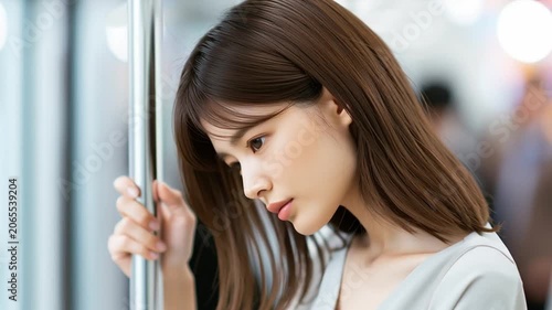 疲れた表情をして電車に乗る日本人女性