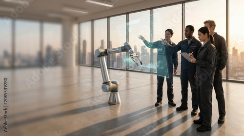 Diverse Team of Engineers Monitoring Robotic Arm with Holographic Data Interface in City Office