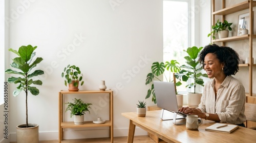 Smiling young woman working remotely on laptop in a bright cozy home office with lush green plants