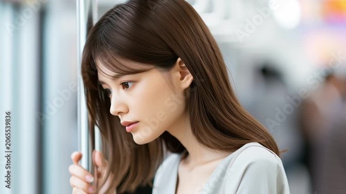 疲れた表情をして電車に乗る日本人女性
