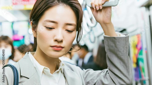 疲れた表情をして電車に乗る日本人女性