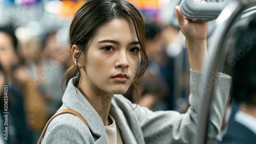 疲れた表情をして電車に乗る日本人女性