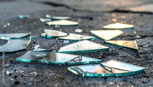 Sharp Glass Mirror Shards Scattered on Dark Ground Reflecting Light