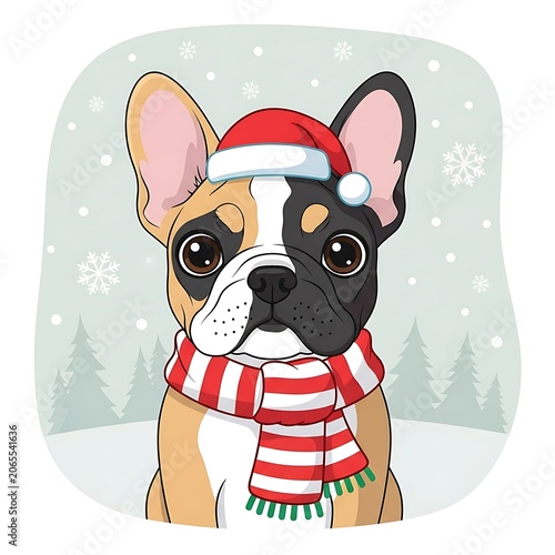Cute cartoon dog wearing Santa hat and scarf.