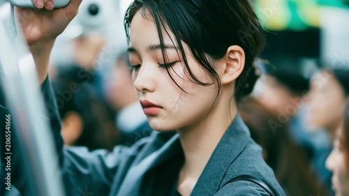 疲れた表情をして電車に乗る日本人女性