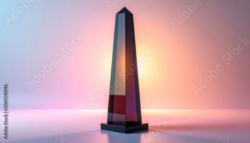 Sleek dark glass obelisk sculpture with faceted surfaces, illuminated by soft gradients
