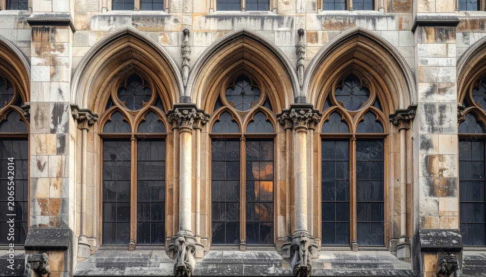 Obraz premium Intricate Gothic stone facade featuring ornate arched windows and detailed carvings, showcasing historical grandeur.