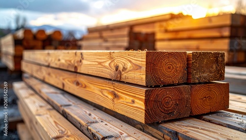 Stack of freshly cut dimensional lumber wood planks in outdoor sunlight