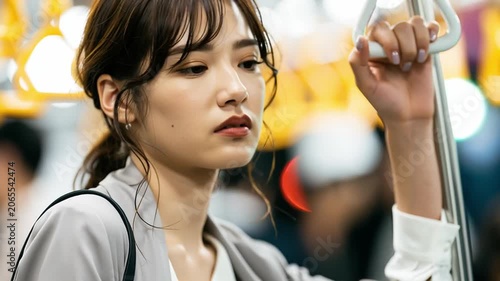 疲れた表情をして電車に乗る日本人女性