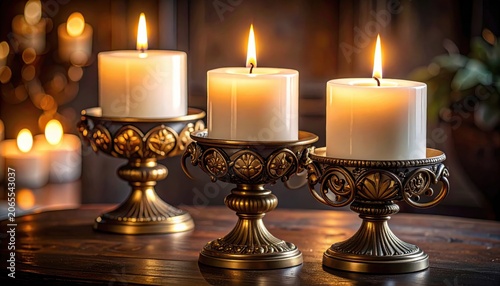 Three Ornate Polished Brass Candle Holders Radiate Warm, Gentle Light