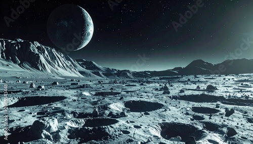 Vast lunar landscape with a large moon in the starry night sky and numerous craters