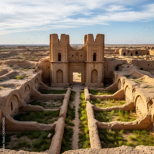 Ancient Desert Fortress Ruins with Towering Gateways.