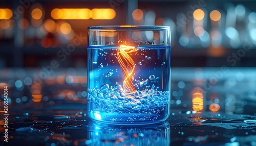 Vibrant glowing energy helix submerged in a beaker of bubbling blue liquid