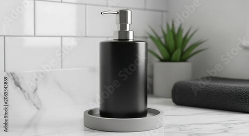 Soap dispenser in matte black stands on a stone tray inside a contemporary marble bathroom setting.