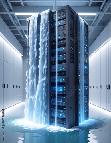 Data Center Catastrophe: A server rack engulfed in a cascading waterfall, symbolizing a catastrophic data loss or system failure in a modern data center.