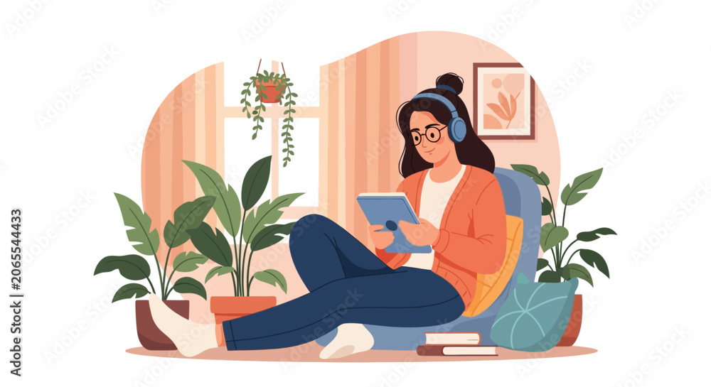 Obraz premium Flat vector illustration of a student with headphones and glasses reading on a digital tablet while sitting on a floor surrounded by indoor plants and books in a cozy living room setting.