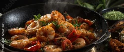 Panel kuchenny z motywem Shrimp and vegetables cooked in a skillet with herbs