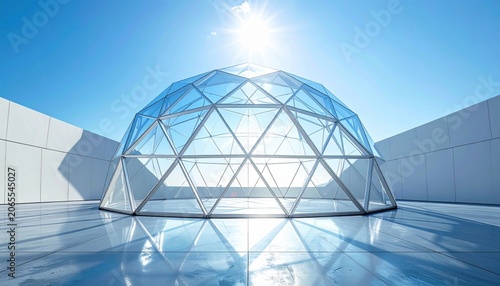 Modern Glass Geodesic Dome Architecture Bathed in Brilliant Sunlight Against a Clear Blue Sky