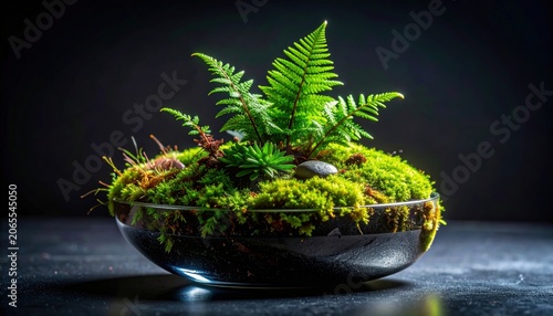 Miniature Lush Terrarium Garden in a Glass Bowl Showcasing Vibrant Greenery and Delicate Ferns