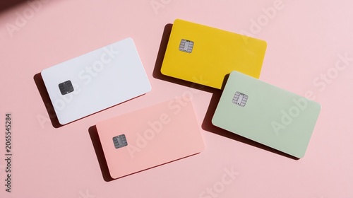 Pastel colored credit cards with chips on pink background, financial concept, modern payment solution