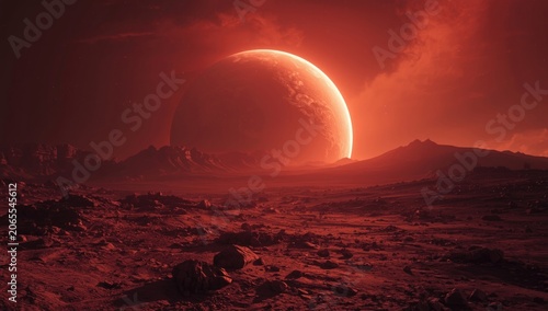 Dramatic red planet terrain with speculative sci fi background and lighting