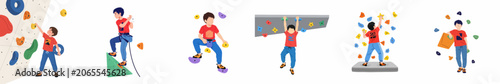 Flat vector illustration set of a young boy engaged in indoor rock climbing and bouldering activities on a colorful wall with various holds.
