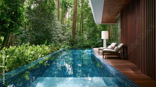 Luxury resort pool and lounge chairs nestled in lush jungle