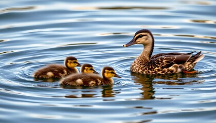 The photo captures a peaceful moment in nature, featuring a mother duck swimming with her ducklings on a body of water.