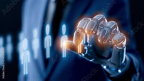 Robotic hand interacting with a digital interface, choosing the best candidate for a job among many others. Business concept of recruitment, leadership, and human resources management using ai