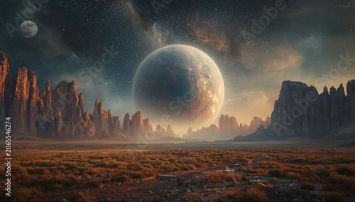 Alien landscape with towering rock formations and distant planets