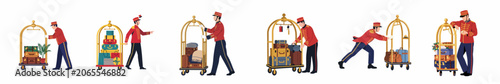 Set of hotel bellhops in red uniforms handling brass luggage carts with various suitcases and bags, isolated on a white background.