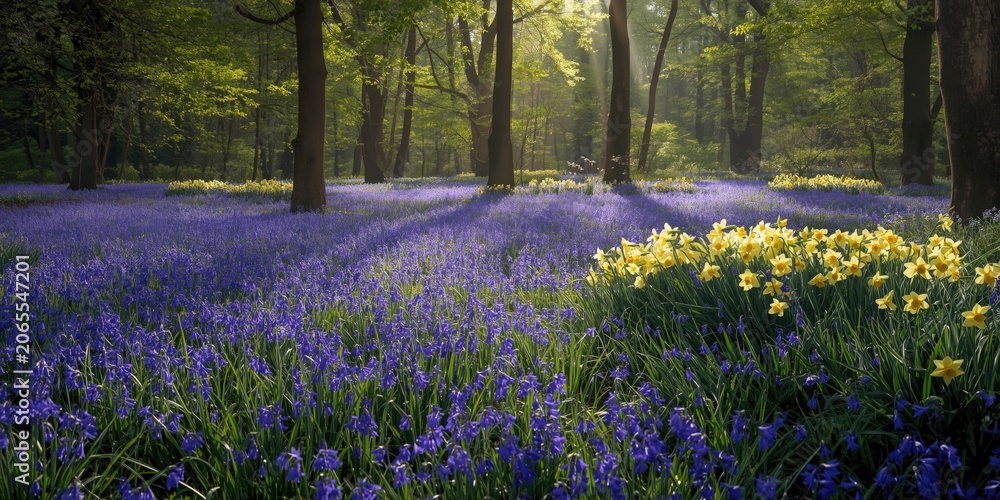 Naklejka premium Vibrant field of bluebells and daffodils in forest clearing