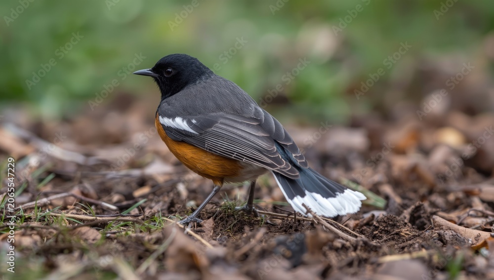 Obraz premium Eastern towhee bird standing on the ground among leaves