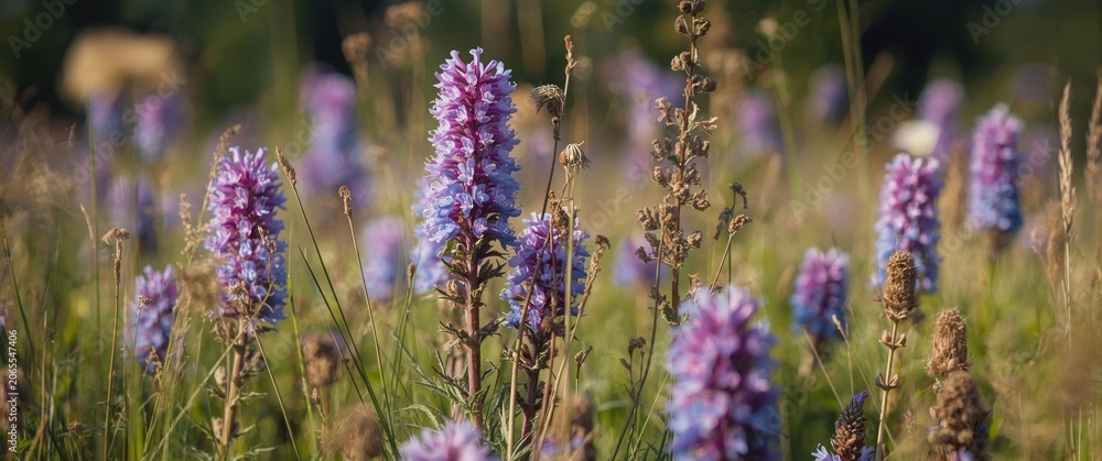 Fototapeta premium Purple wildflowers blooming in a grassy field