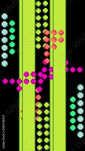 Abstract Vertical video Animated Pixel Art Colorful Moving Circle and Geometrical Shapes on Black Background. Vibrant colors, dynamic 8-Bit retro loop, retro game intros, vintage announcements, music 