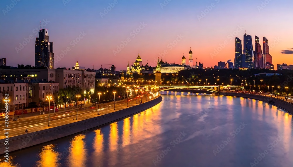Fototapeta premium Illuminated City Skyline Reflecting on Curving River at Sunset in Moscow