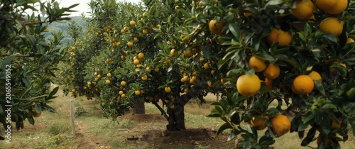 Orchard filled with ripe oranges hanging from trees