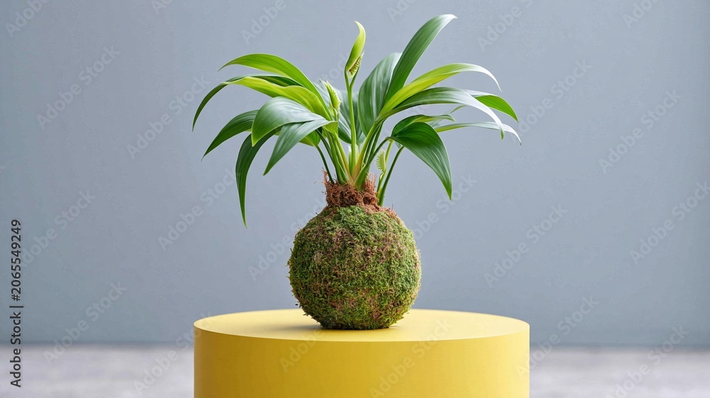 Fototapeta premium Kokedama moss ball plant growing with fresh green leaves on a bright yellow pedestal against a gray backdrop