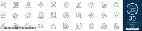 Foto Manufacturing industry line icon set with 30 icons  factory, production, gear, assembly line, heavy machinery, logistics, industrial