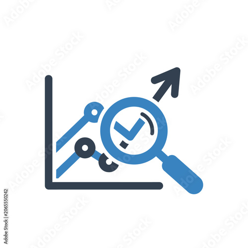 Financial analysis graph with growth arrow and magnifying glass