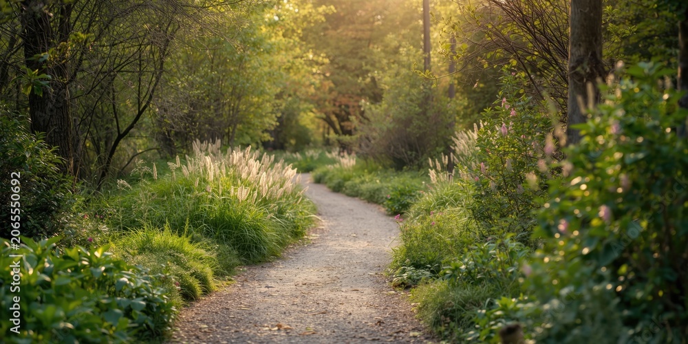 Fototapeta premium Winding pathway through a lush green forest