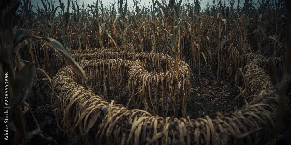 Fototapeta premium Immersed in a winding corn stalk labyrinth during a dull overcast fall afternoon