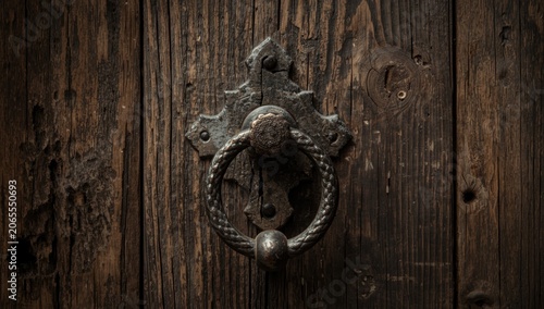 Rusty metal door knocker on dark wood paneling
