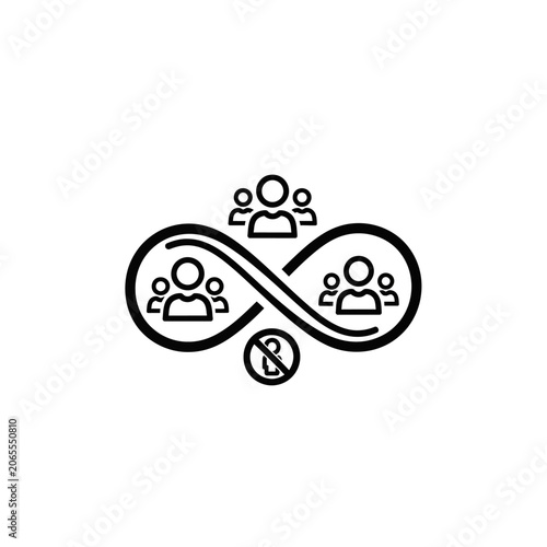 Infinity loop connecting groups of people with exclusion icon below