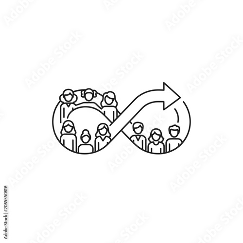 Infinity arrow loop outline featuring diverse human team members