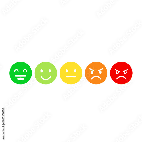 Five colorful emoji feedback rating icons on white background